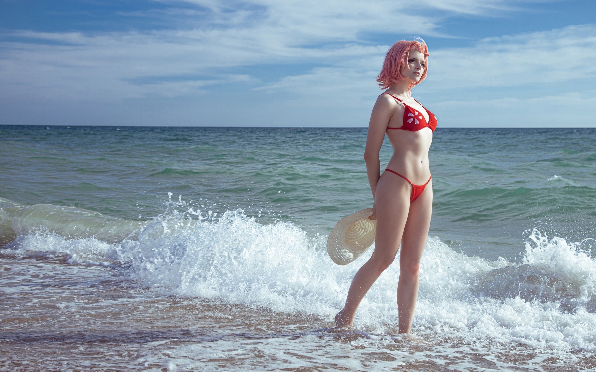 sakura haruno, model, cosplay, naruto, red dress, hips, red bikini, belly button, ass, beach, sky, clouds, nature, women