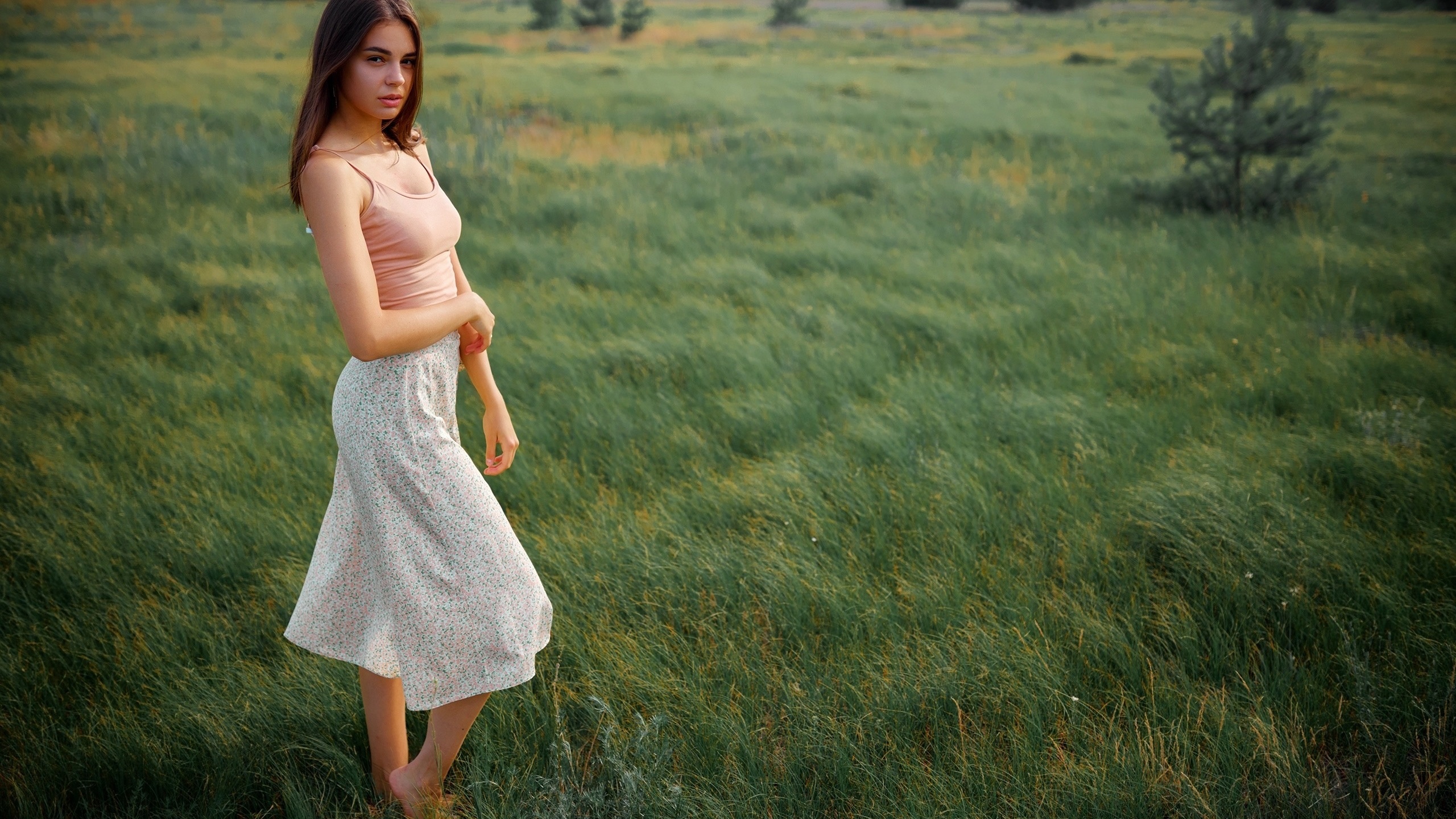 sergey bogatkov, model, , women outdoors, nature, skirt, grass, field, brunette, barefoot