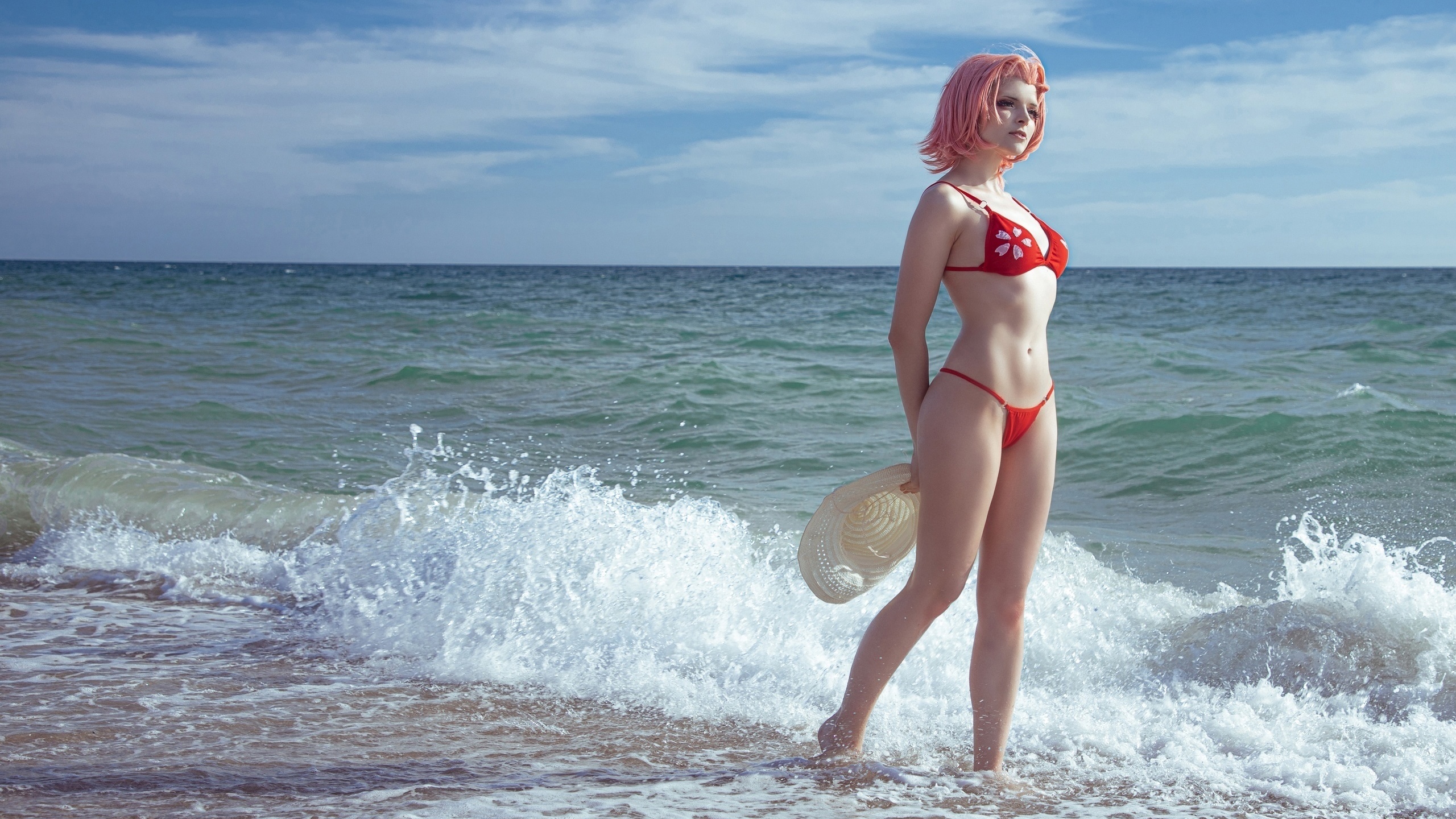 sakura haruno, model, cosplay, naruto, red dress, hips, red bikini, belly button, ass, beach, sky, clouds, nature, women