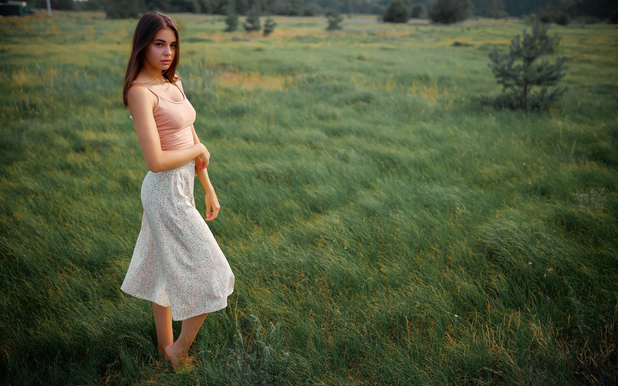 sergey bogatkov, model, , women outdoors, nature, skirt, grass, field, brunette, barefoot