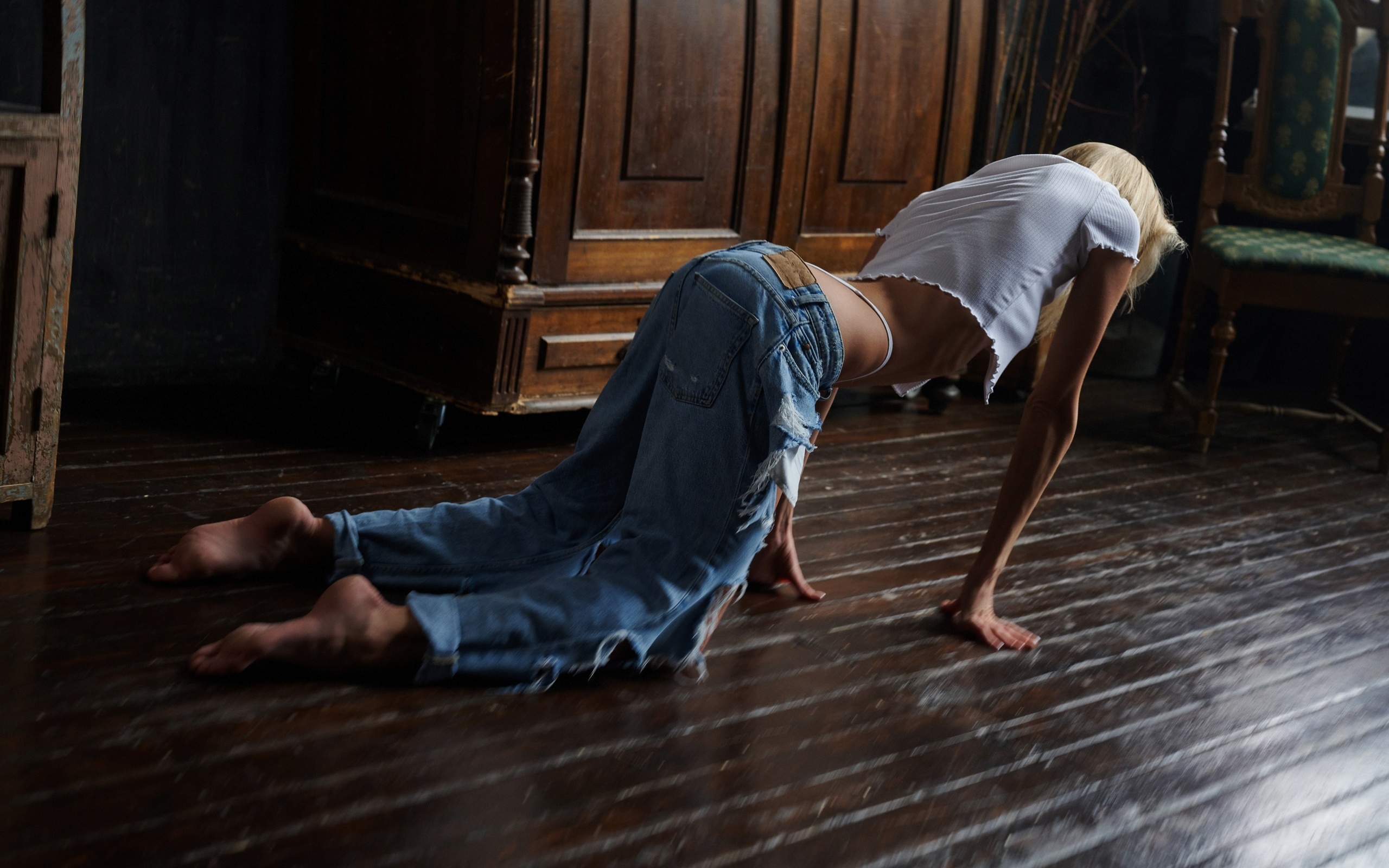 gene oryx, bent over, white panties, , jeans, blouse, model, wooden surface, blonde, chair, barefoot