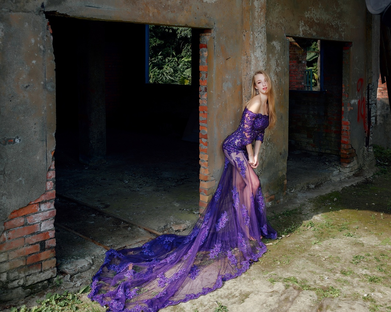 dress, purple, model, pose, beauty, blonde