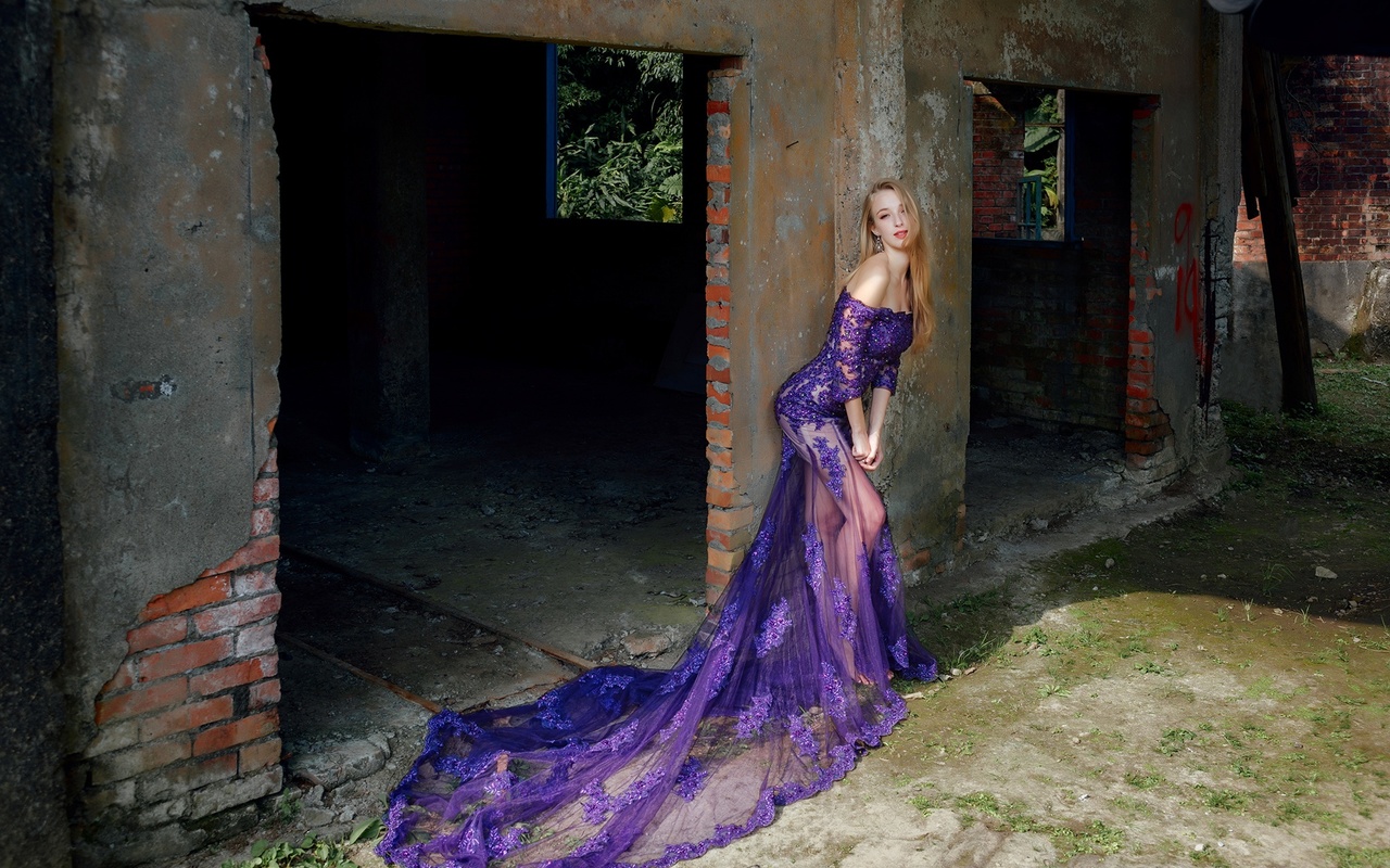 dress, purple, model, pose, beauty, blonde