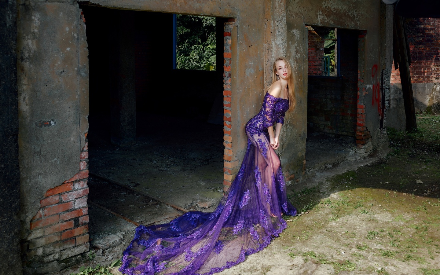 dress, purple, model, pose, beauty, blonde