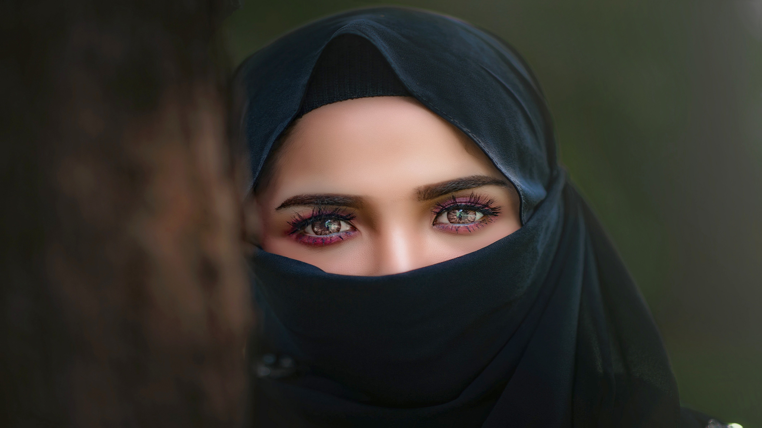 olhar, lindo, hijab, olhos castanhos, de preto