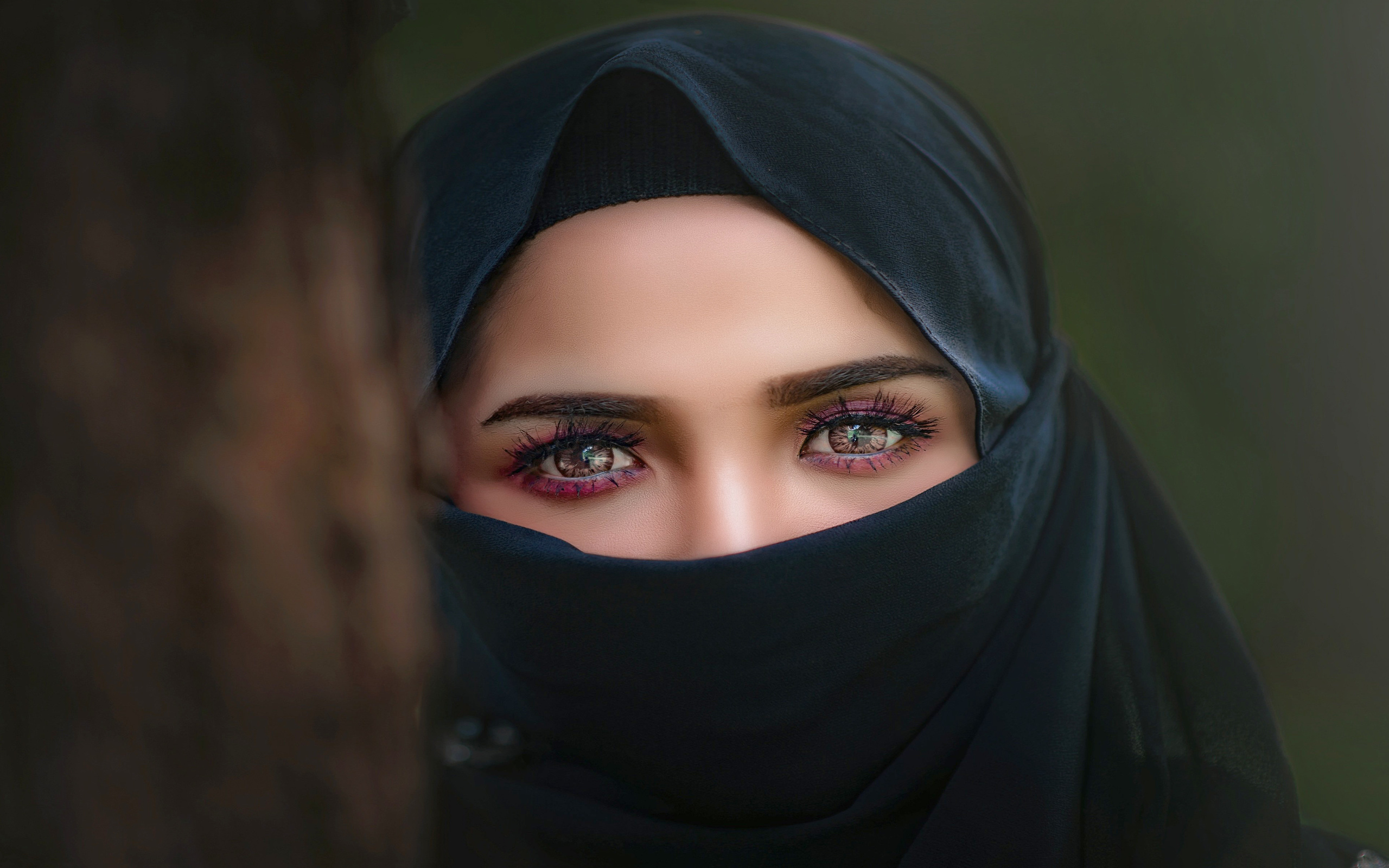 olhar, lindo, hijab, olhos castanhos, de preto