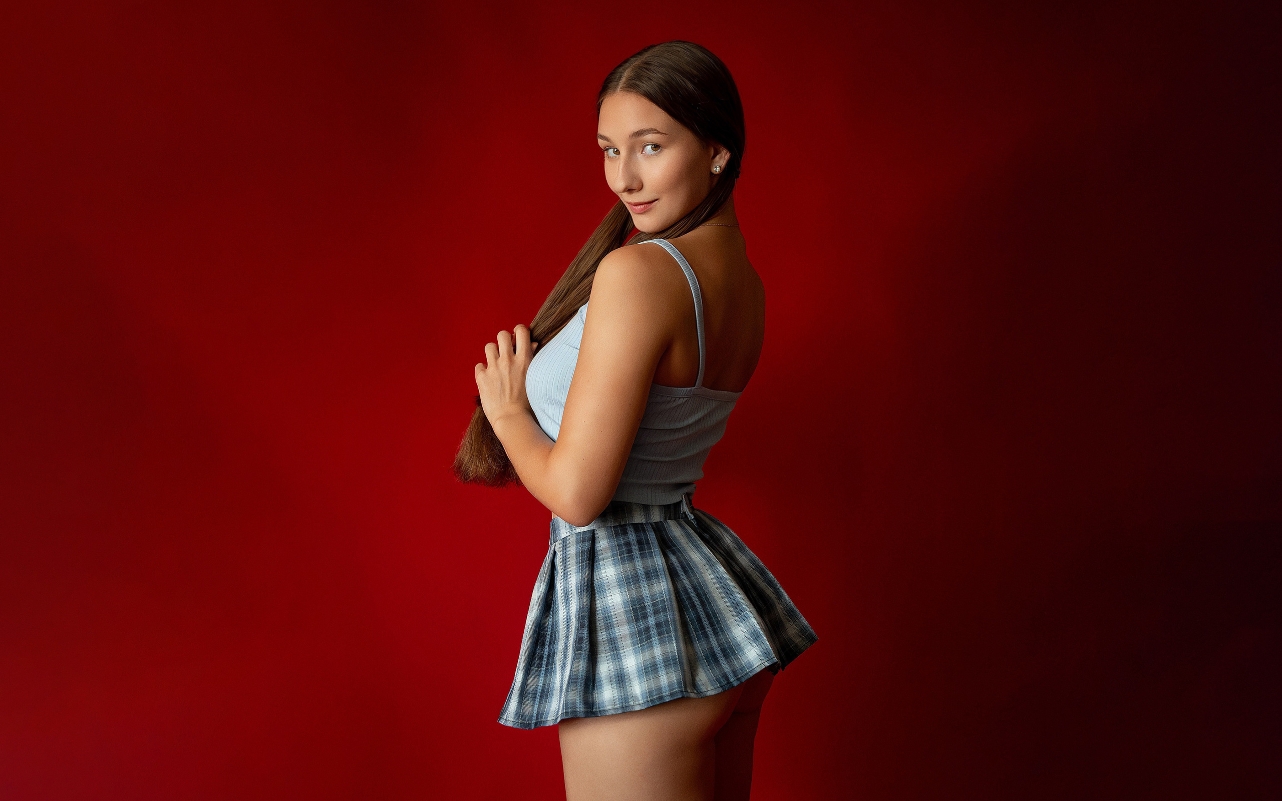 evgeniy krestyanov, ass, miniskirt, brunette, women indoors, studio, , model, red background, blue tops, long hair