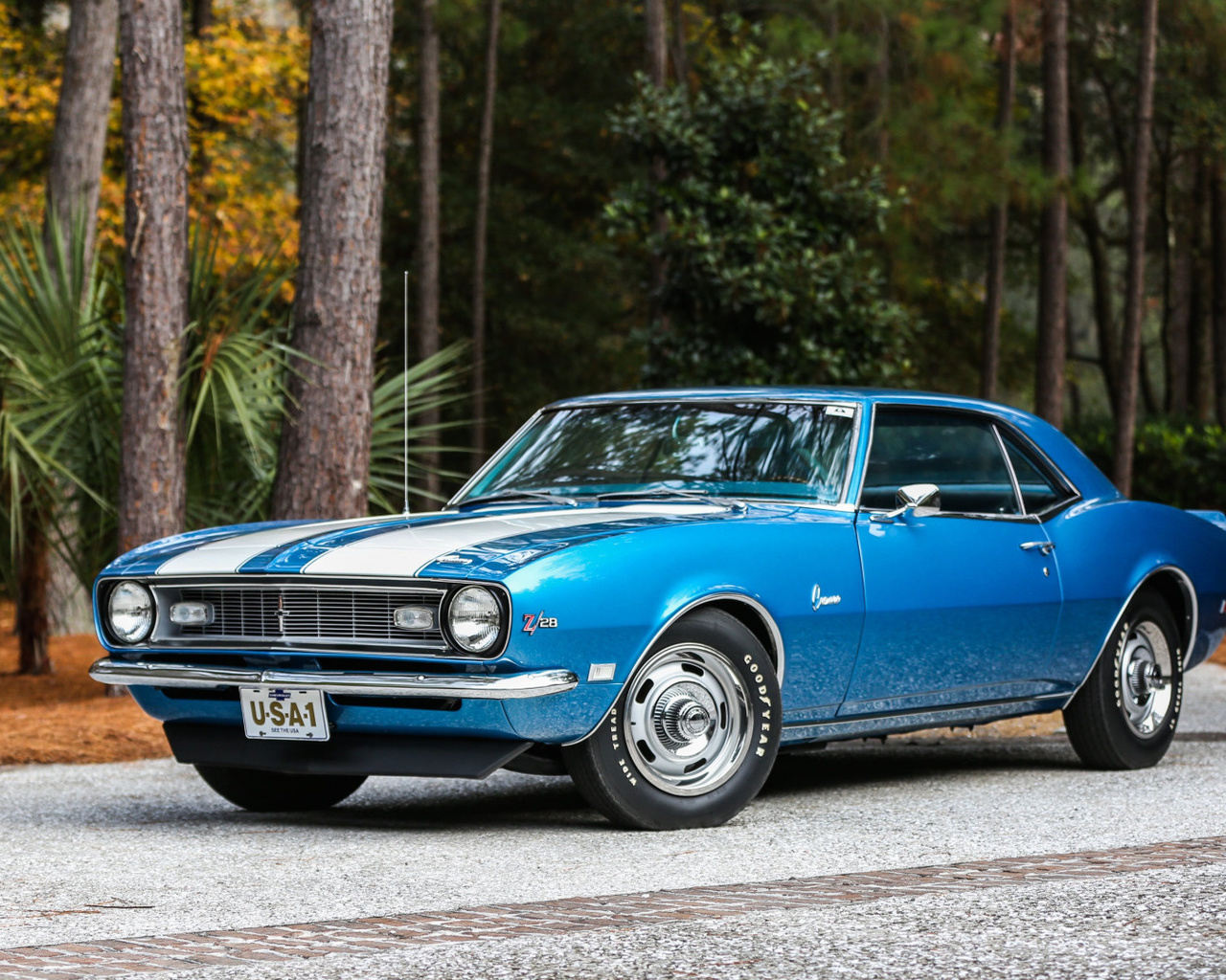 1968, blue, camaro, muscle, classic, z28, white stripes