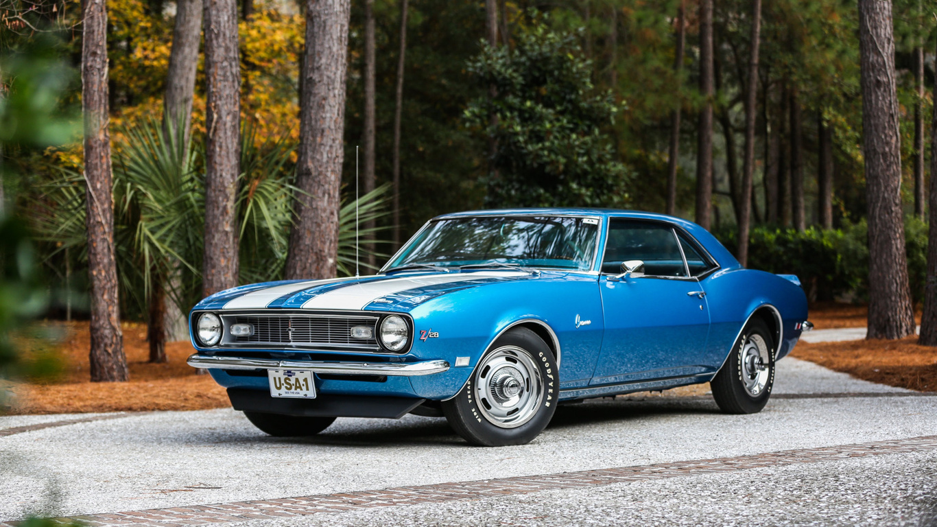 1968, blue, camaro, muscle, classic, z28, white stripes