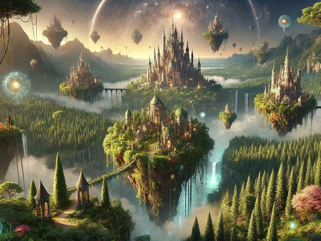 fantasy, floating city, magical landscape, enchanted forest, surreal, mystical, clouds, waterfalls, fantasy architecture, dreamscape