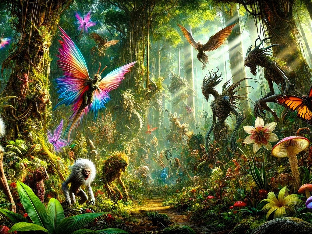 enchanted forest, fantasy creatures, colorful butterflies, magical plants, mystical atmosphere, surreal, fairytale, forest spirits, glowing mushrooms, nature