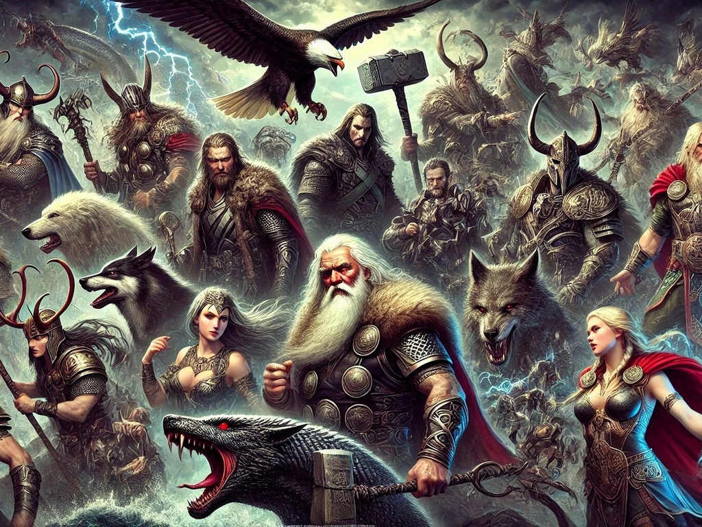 norse mythology, gods, warriors, vikings, thor, odin, loki, wolves, mjolnir, valkyrie, epic battle, fantasy art