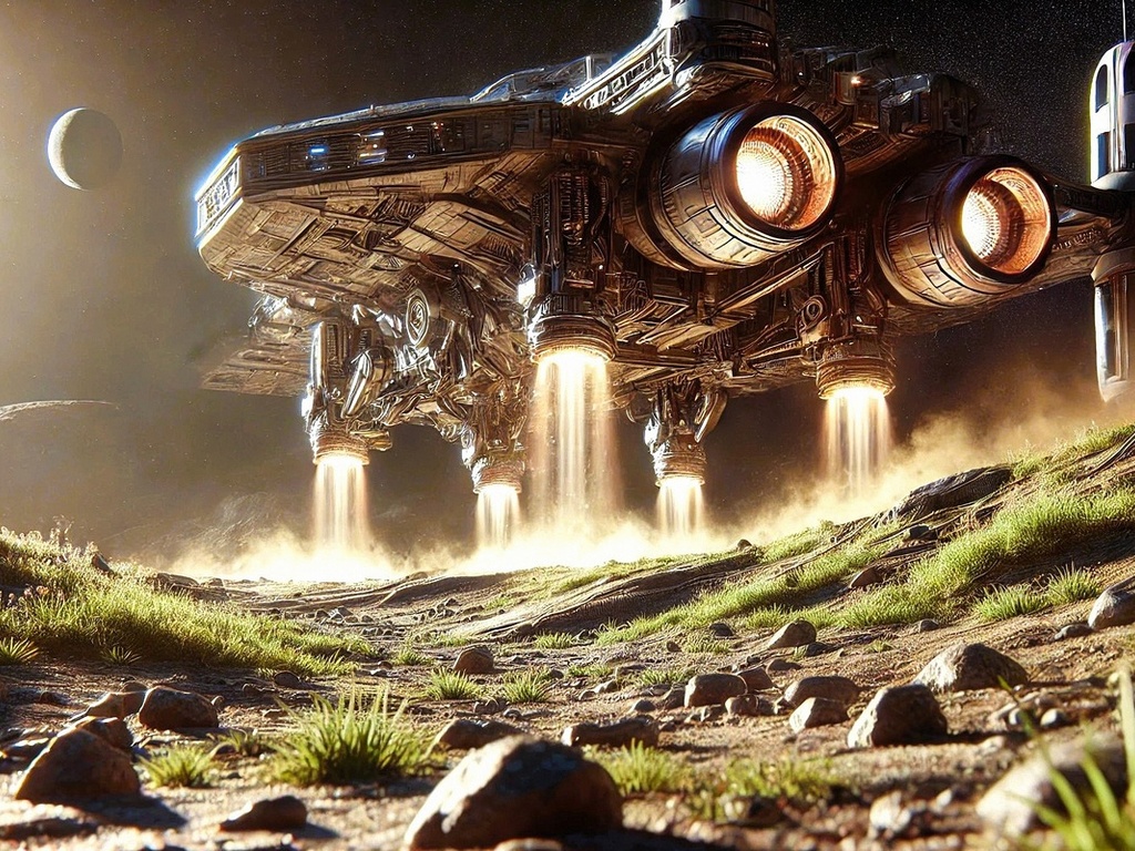 spaceship landing, alien terrain, sci-fi scene, futuristic spacecraft, extraterrestrial exploration, interstellar journey, otherworldly landscape, cosmic adventure, planetary descent, space colonization