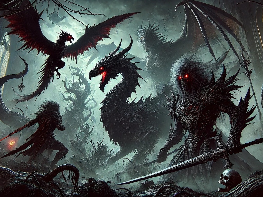 dark fantasy, eerie dungeon, demonic creatures, glowing red eyes, shadowy figures, battle scene, ominous atmosphere, twisted trees, gothic architecture, intense confrontation