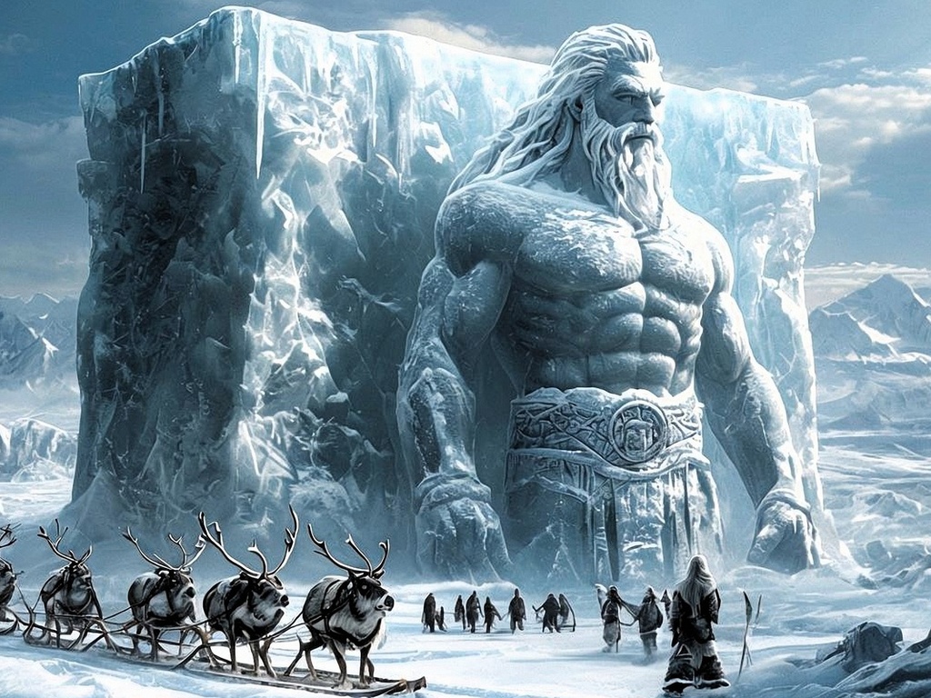 epic fantasy, giant icy statue, arctic landscape, frozen giant, norse mythology, snow-covered mountains, reindeer sleigh, ancient travelers, winter wilderness, majestic frozen sculpture