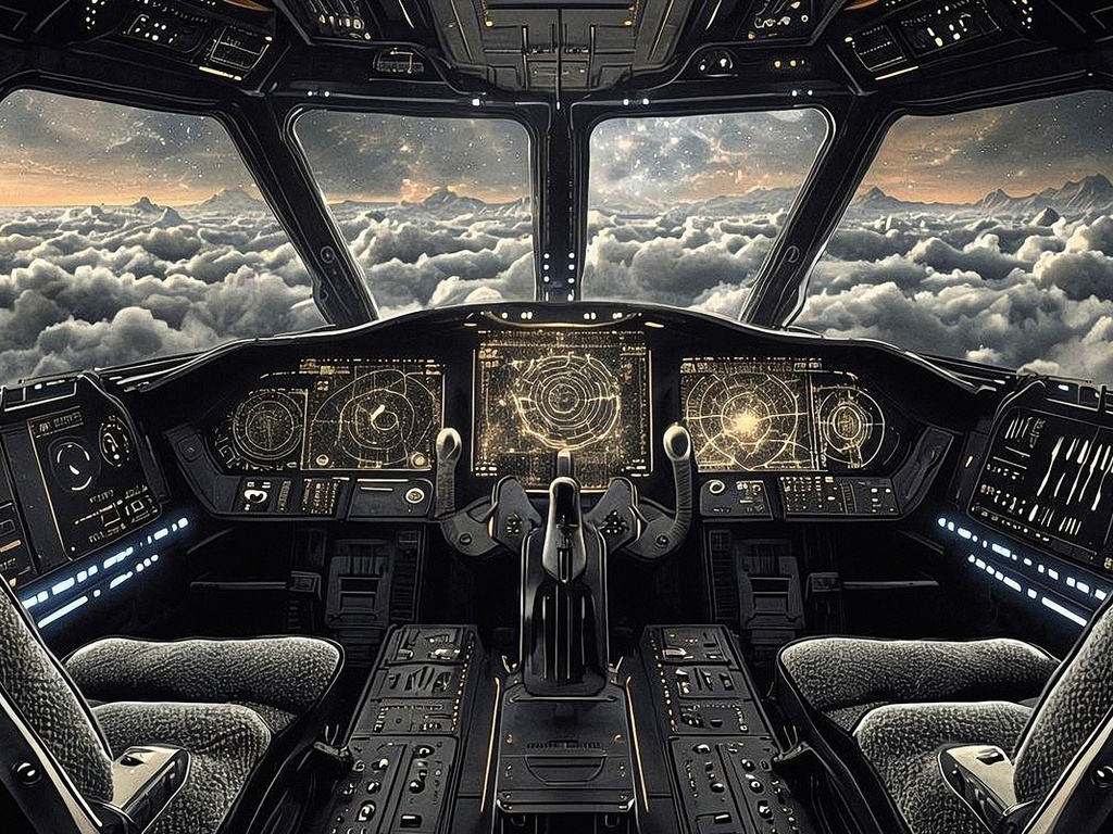 cockpit, futuristic, holographic displays, technology, controls, flight deck, scenic view, clouds, sci-fi, advanced