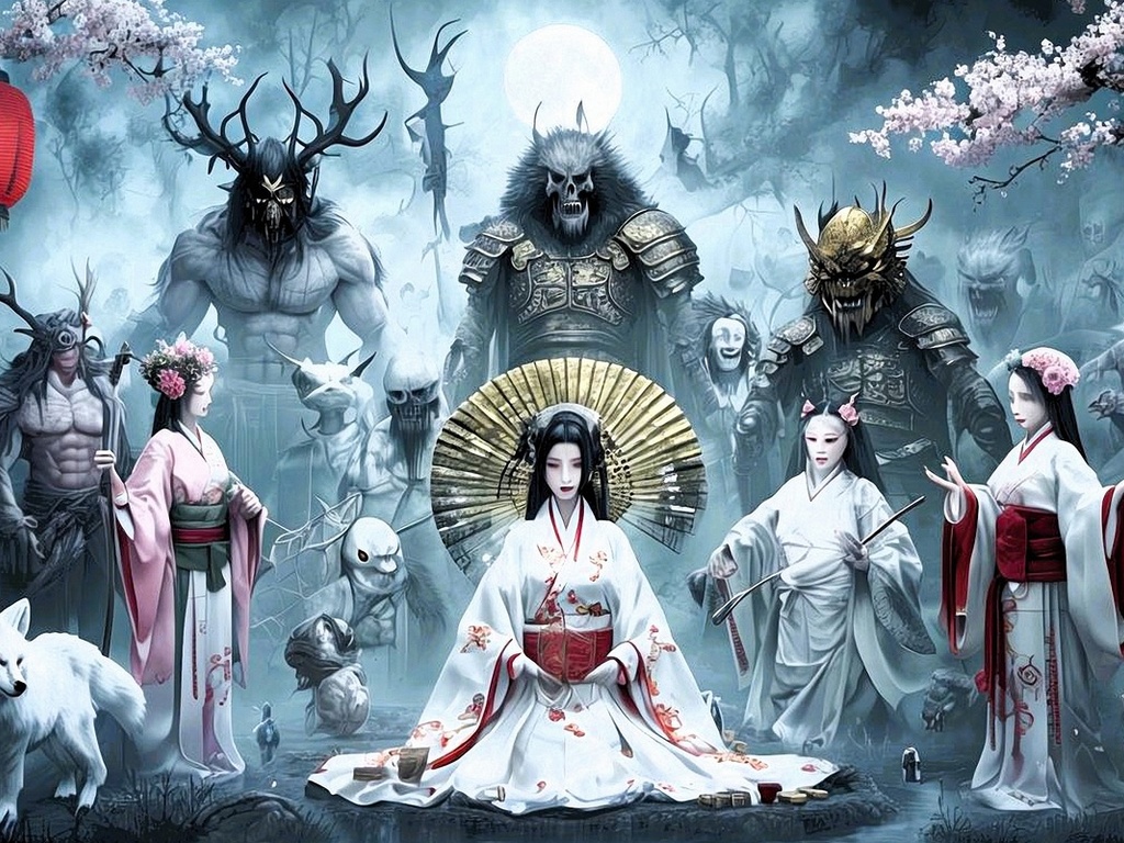 japanese mythology, folklore, demons, samurai, dragons, art, traditional, mythology, intricate, cultural