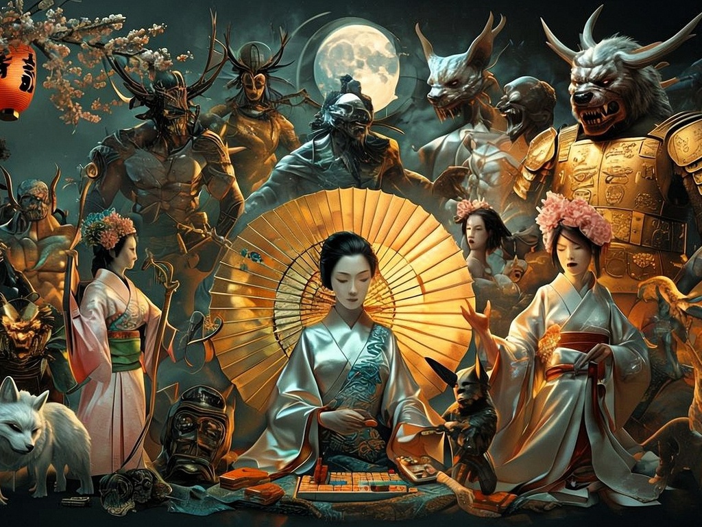 japanese mythology, folklore, demons, samurai, dragons, art, traditional, mythology, intricate, cultural