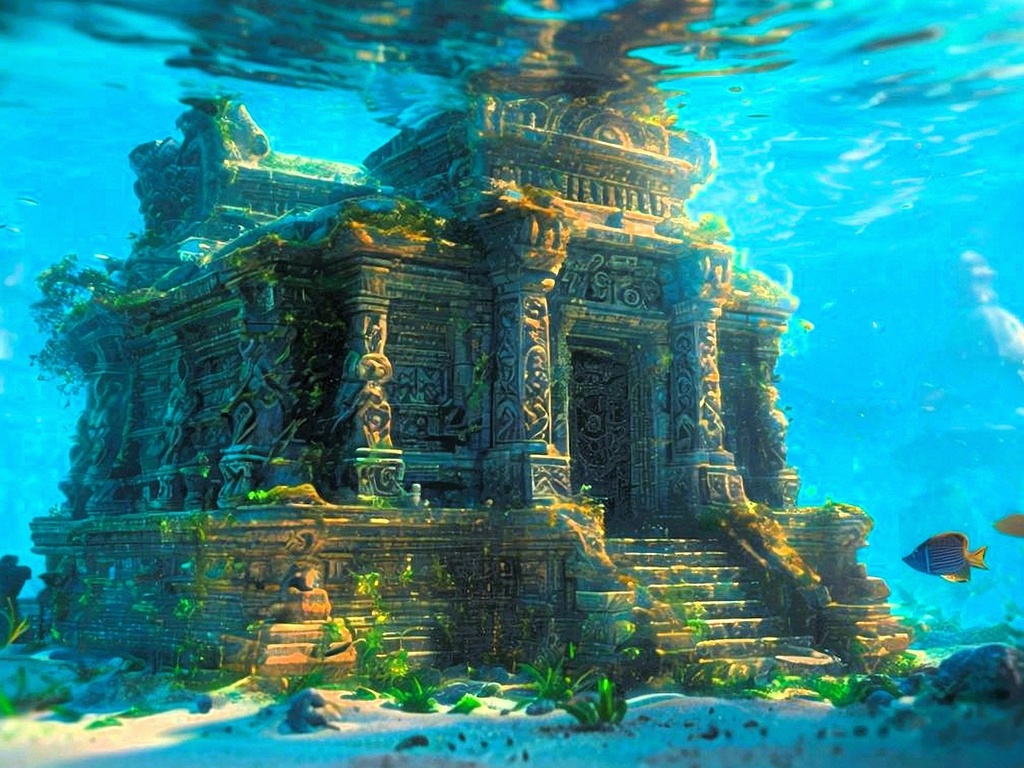 underwater, temple, gothic, fish, ocean, ancient, submerged, ruins, mystical, marine life, vegetation, blue water, architecture, fantasy, exploration, coral, peaceful, sunlight, lost city, history