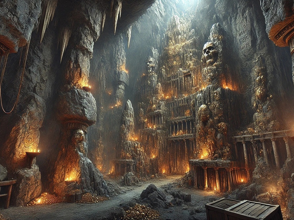 underground temple, ancient, torches, mystical, stone pillars, carvings, golden glow, eerie, hidden sanctuary, ancient civilization, sacred, treasure, dark cavern, ancient architecture, mysterious, relics, dim light, ancient symbols, mysterious glow, expl