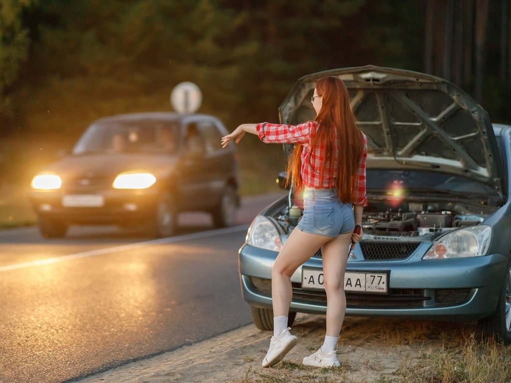 , model, jean shorts, women outdoors, sergey sergeev, ass, road, redhead, women with cars, nature, plaid shirt, nadezhda tretyakova, women, women with glasses, long hair, sneakers