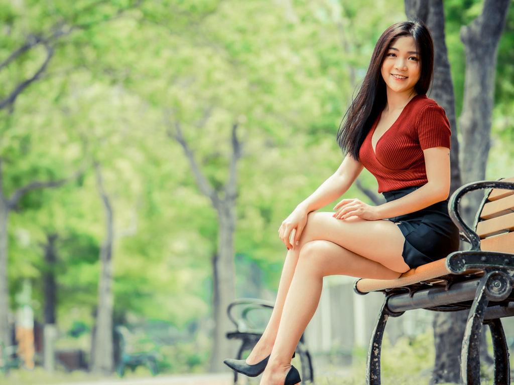 bench, outdoors, asian, sitting, skirt, heels, red top