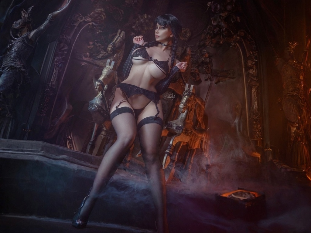 vera andreeva, brunette, wednesday, women indoors, wednesday addams, ass, wednesday tv series, cosplay, black lingerie, model, hips, legs, black stockings, braids, gothic, garter belt