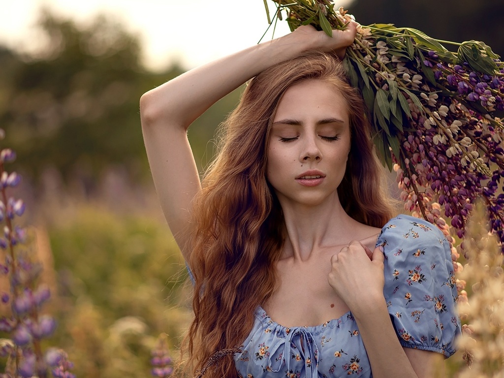 lavender, model, purple flowers, closed eyes, field, , blonde, sky, blue dress, women outdoors, summer dress, nature, plants