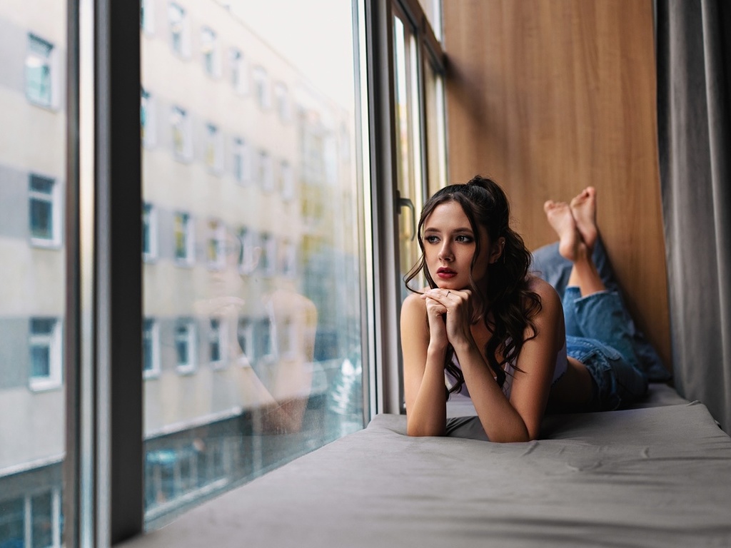 disha shemetova, jeans, by the window, white tops, tattoo, red lipstick, brunette, lying on front, , makeup, women indoors, looking out window, model