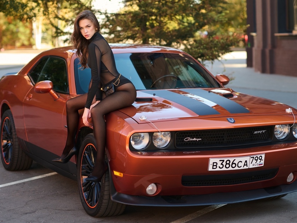 , dodge challenger, brunette, women with cars, women outdoors, american cars, women, bodysuit, muscle cars, srt, model, dodge, ass, sitting