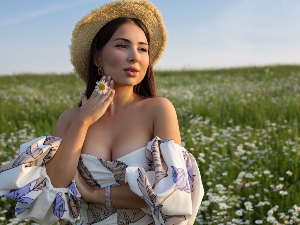 chamomile, model, dress, , brunette, flowers, field, women outdoors, straw hat, nature, sky, summer dress, clouds, neckline, 