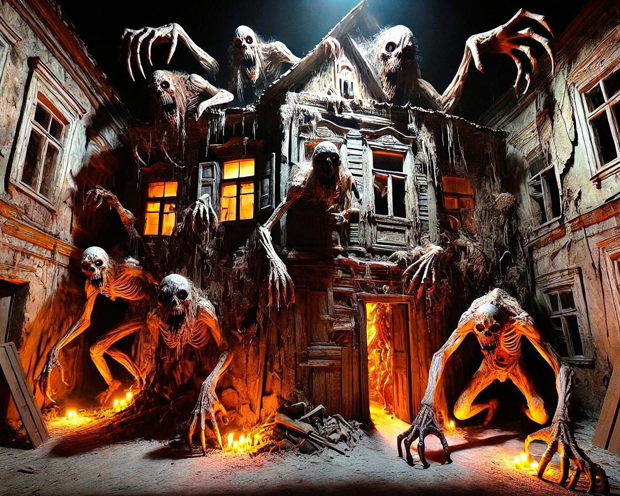 haunted house, horror, monsters, creepy, skeletons, abandoned, spooky, night, terrifying, shadows