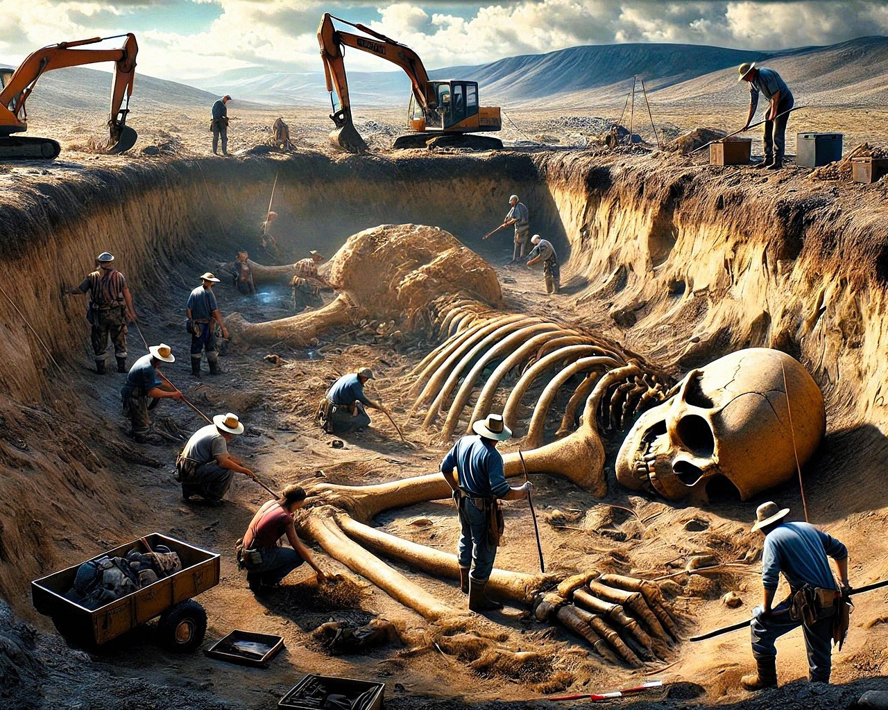 archaeology, excavation, giant skeleton, discovery, ancient bones, dig site, scientists, historical, mystery, desert