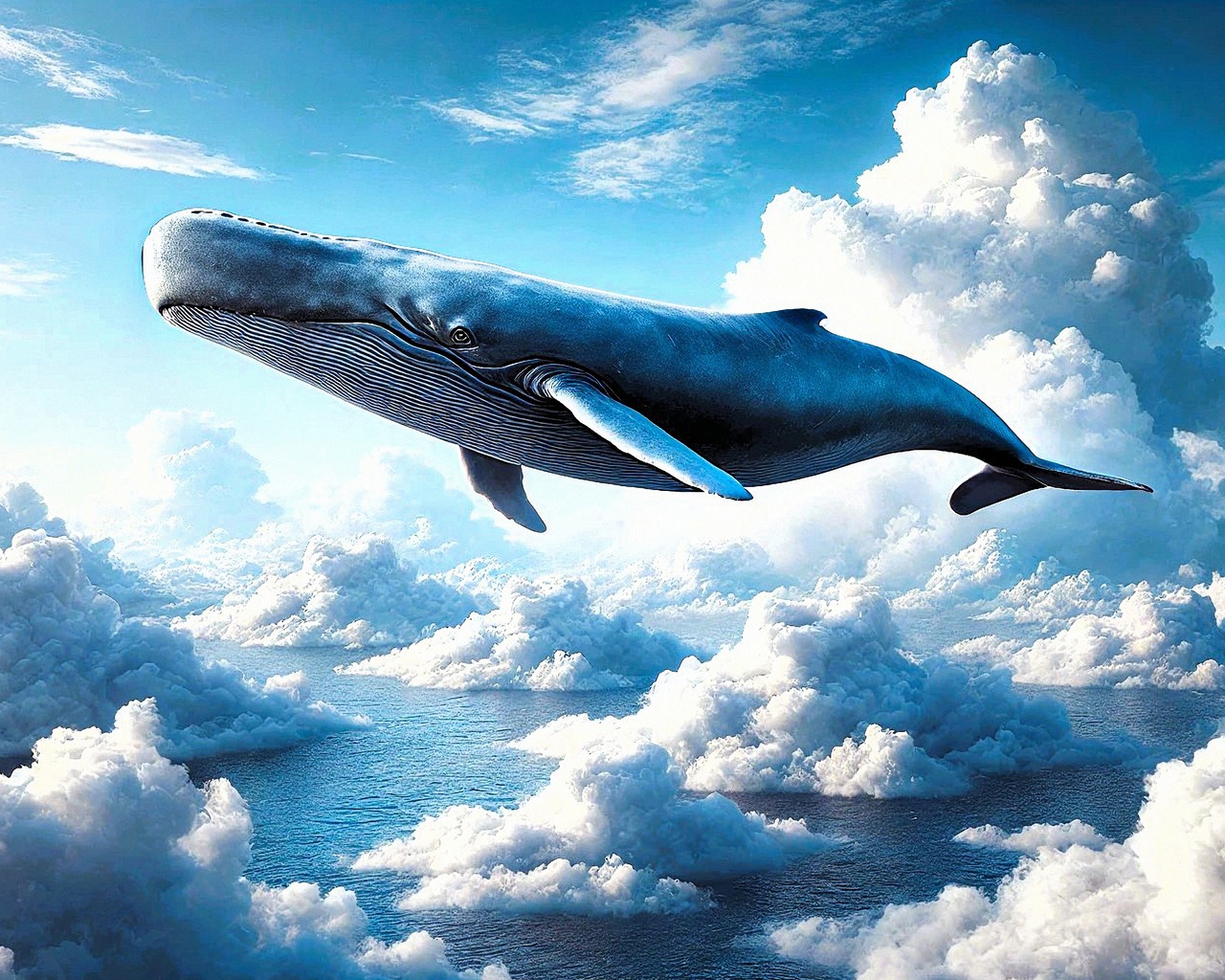 whale, sky, clouds, surreal, flying whale, dreamlike, nature, fantasy, ocean, blue