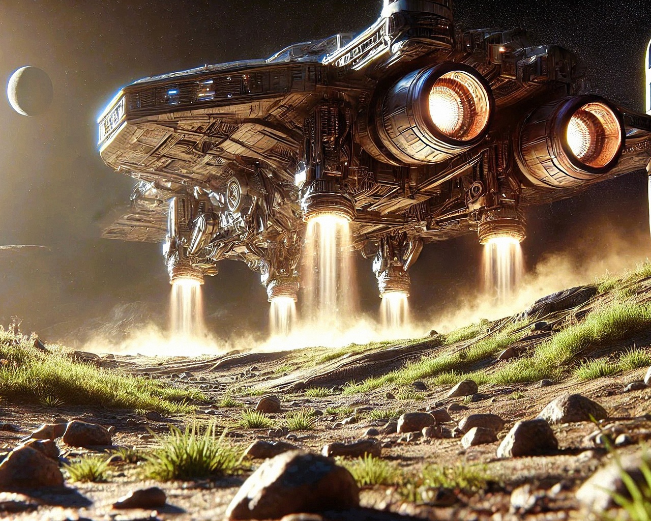 spaceship landing, alien terrain, sci-fi scene, futuristic spacecraft, extraterrestrial exploration, interstellar journey, otherworldly landscape, cosmic adventure, planetary descent, space colonization