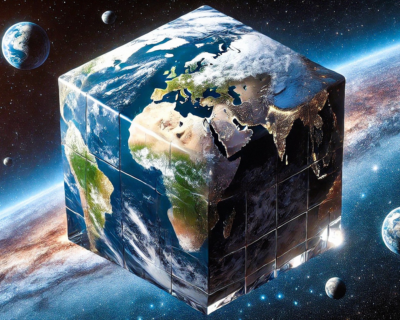 cube-shaped earth, outer space, surreal earth, cosmic background, planetary transformation, galaxy view, creative earth concept, alternate reality, space exploration, unique planet