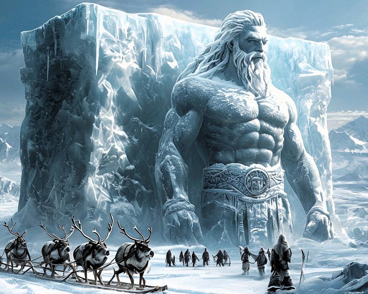 epic fantasy, giant icy statue, arctic landscape, frozen giant, norse mythology, snow-covered mountains, reindeer sleigh, ancient travelers, winter wilderness, majestic frozen sculpture