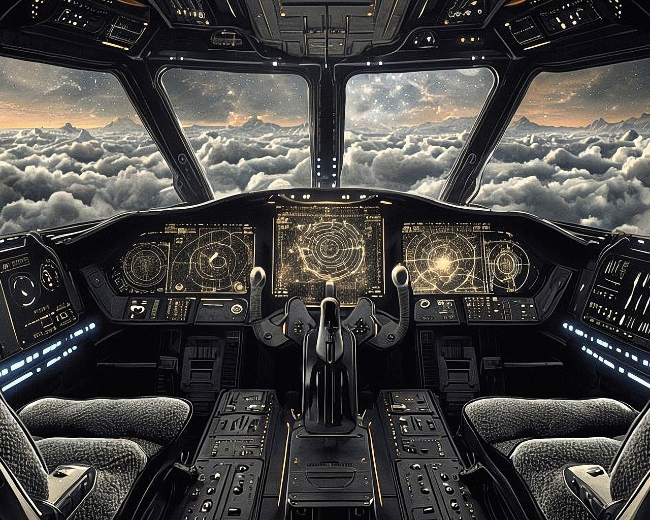 cockpit, futuristic, holographic displays, technology, controls, flight deck, scenic view, clouds, sci-fi, advanced