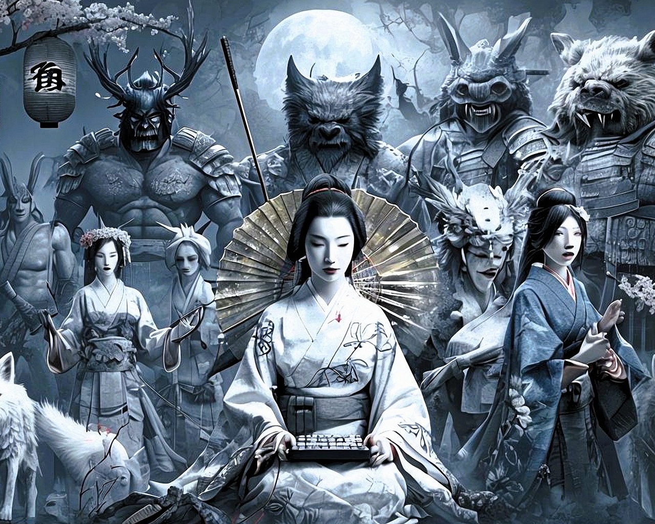 japanese mythology, folklore, demons, samurai, dragons, art, traditional, mythology, intricate, cultural