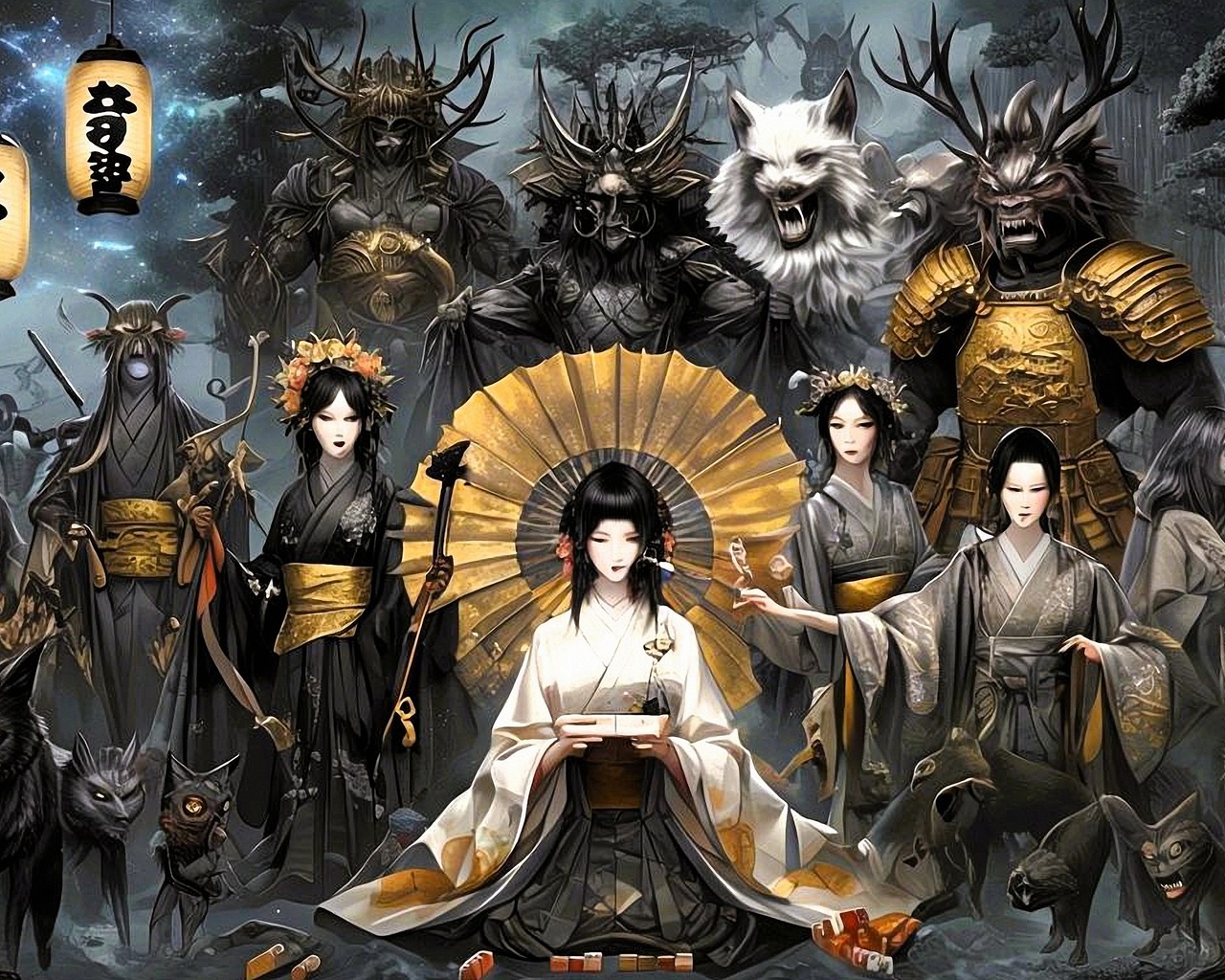 japanese mythology, folklore, demons, samurai, dragons, art, traditional, mythology, intricate, cultural