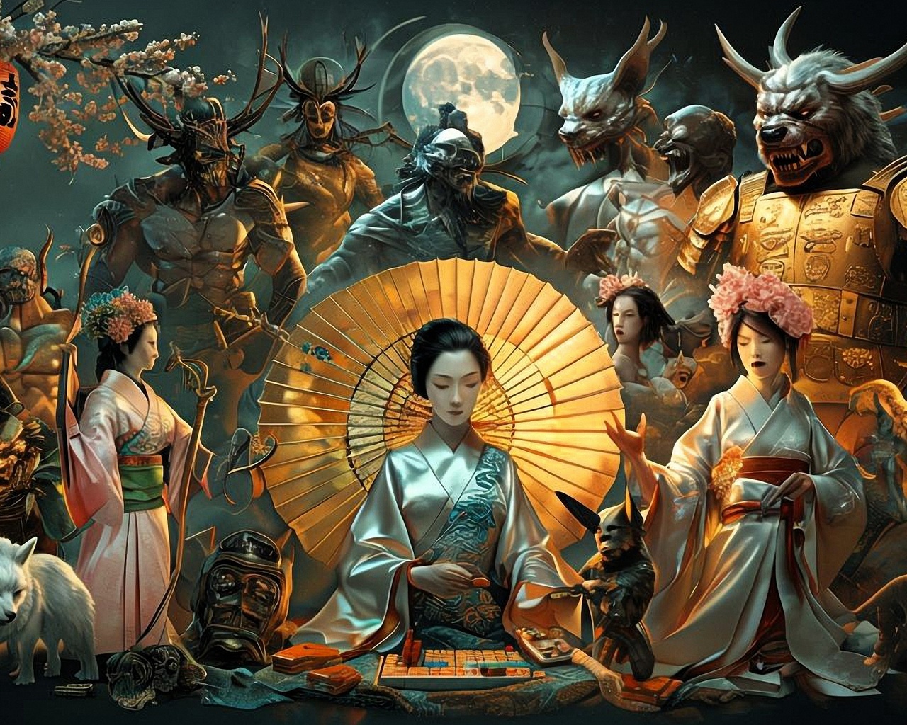 japanese mythology, folklore, demons, samurai, dragons, art, traditional, mythology, intricate, cultural