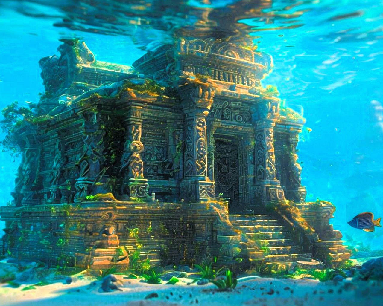 underwater, temple, gothic, fish, ocean, ancient, submerged, ruins, mystical, marine life, vegetation, blue water, architecture, fantasy, exploration, coral, peaceful, sunlight, lost city, history