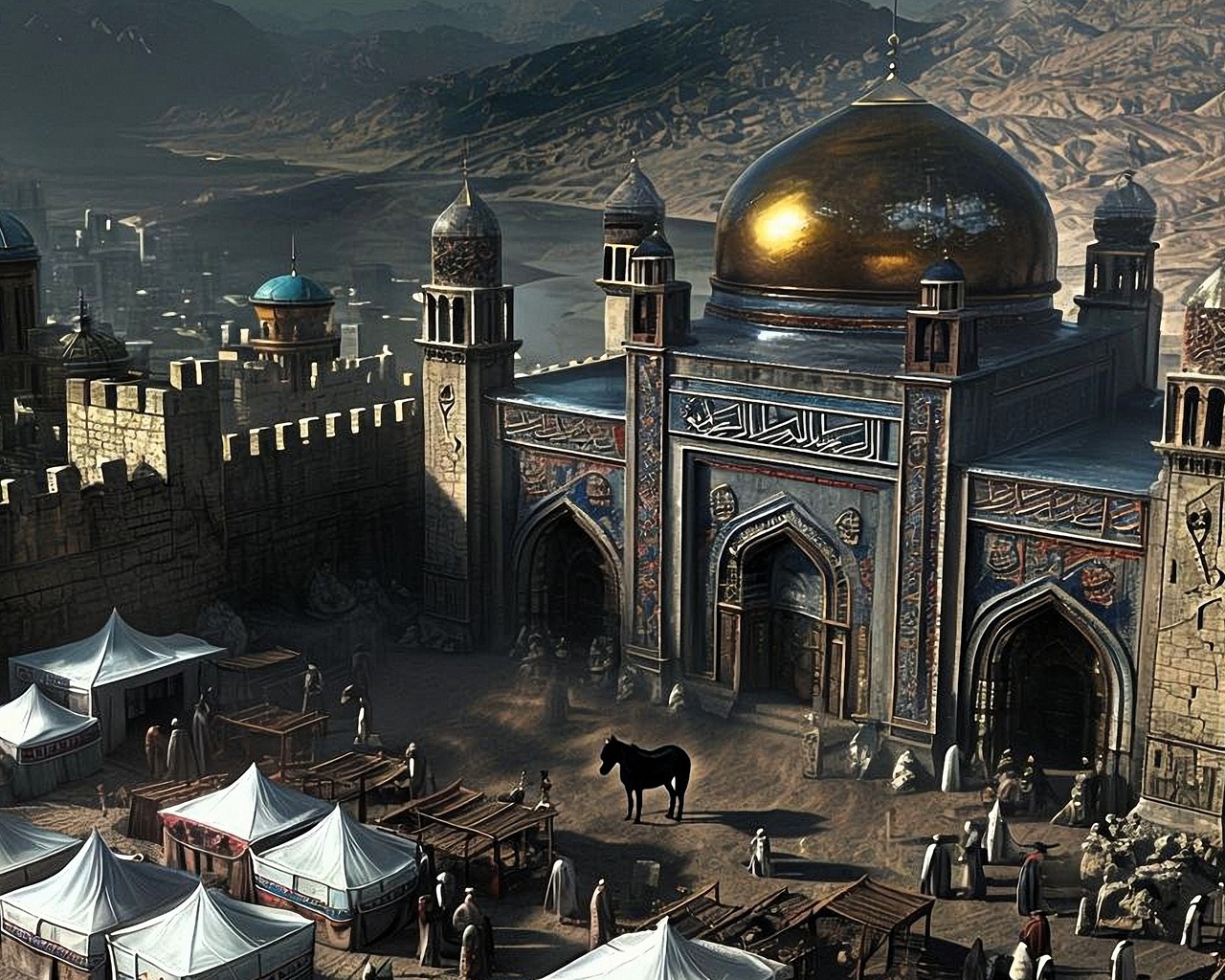 middle eastern, cityscape, mosque, market, fantasy, architecture, domes, ancient, desert, culture, traders, tents, historical, traditional, mountains, intricate, arabian, bustling, exotic, trade