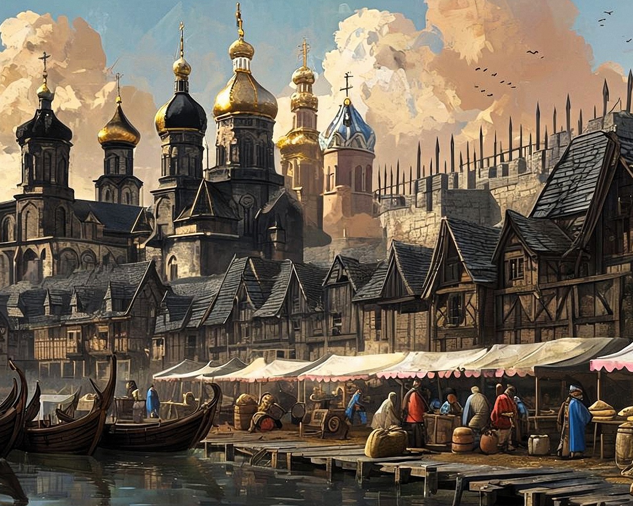 medieval, russian, cityscape, nostalgic, retro-futurism, architecture, river, market, boats, domes, spires, wooden, rustic, towers, trade, sunrise, history, culture, slavic, atmosphere