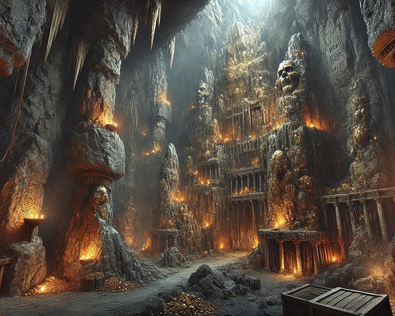 underground temple, ancient, torches, mystical, stone pillars, carvings, golden glow, eerie, hidden sanctuary, ancient civilization, sacred, treasure, dark cavern, ancient architecture, mysterious, relics, dim light, ancient symbols, mysterious glow, expl