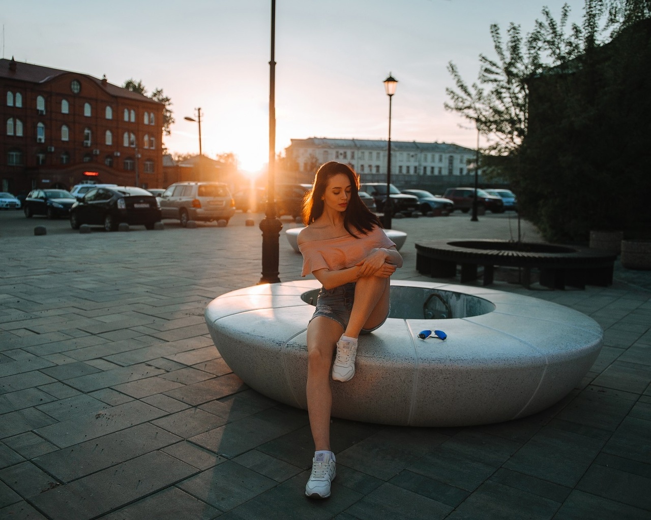 women, jean shorts, pink tops, women outdoors, public, redhead, urban, sitting, , car, model, red lipstick, sneakers, brunette, sky, sunglasses, sun, closed eyes