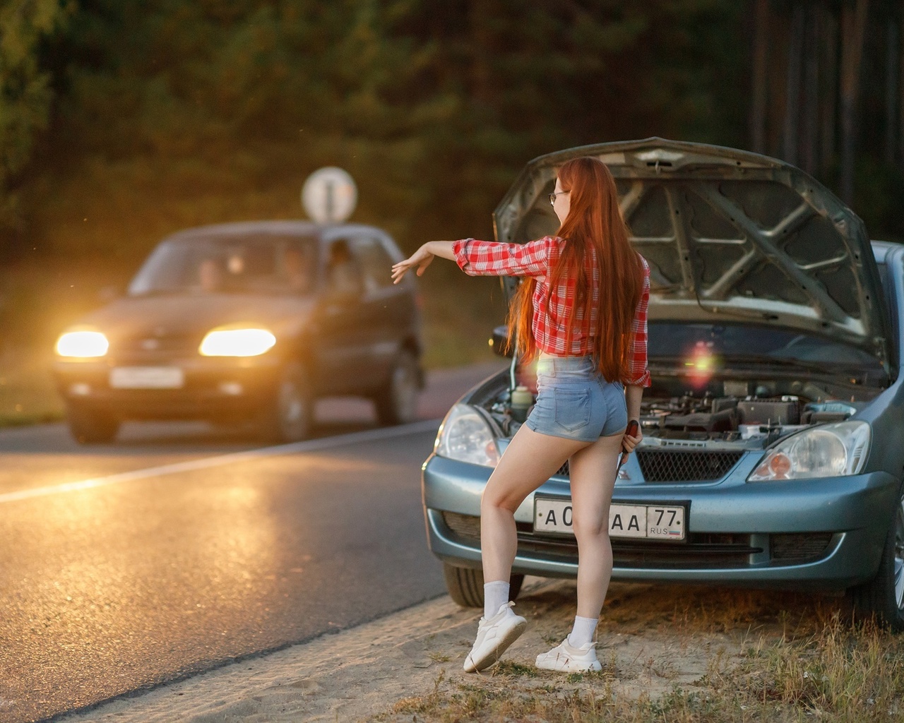 , model, jean shorts, women outdoors, sergey sergeev, ass, road, redhead, women with cars, nature, plaid shirt, nadezhda tretyakova, women, women with glasses, long hair, sneakers