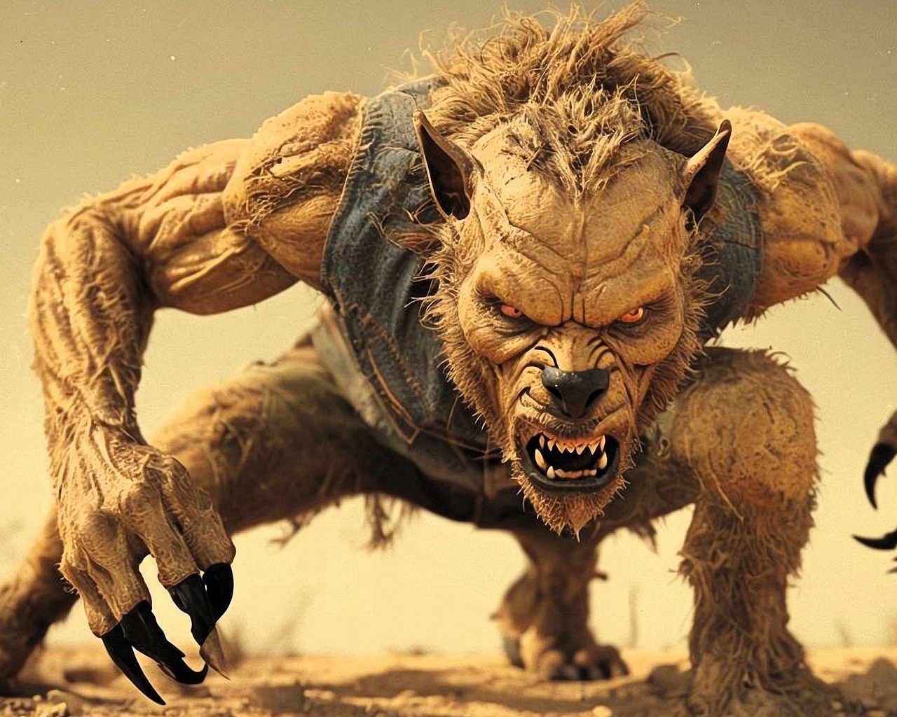 creature, 3d, vintage, western, cinematic, fierce, monster, claws, intense, desert, dusty, horror, powerful, muscular, wild, fantasy, werewolf, predator, angry, action