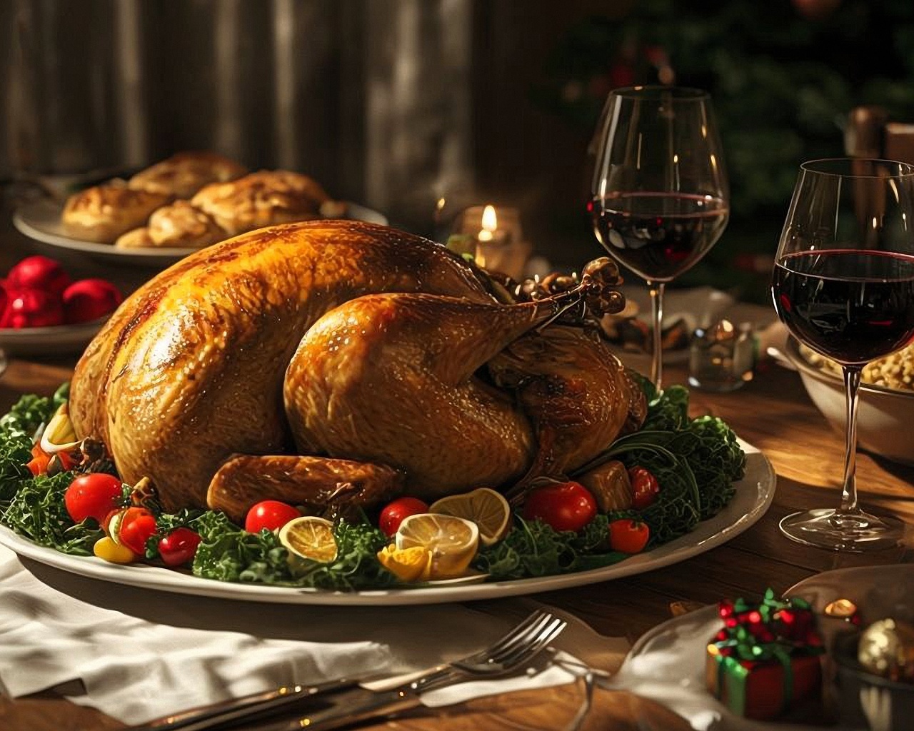 holiday, table, roasted turkey, wine glasses, festive, candles, christmas, decorations, dinner, feast, food, celebration, cozy, warm lighting, red ornaments, family, gourmet, tradition, serving, luxury