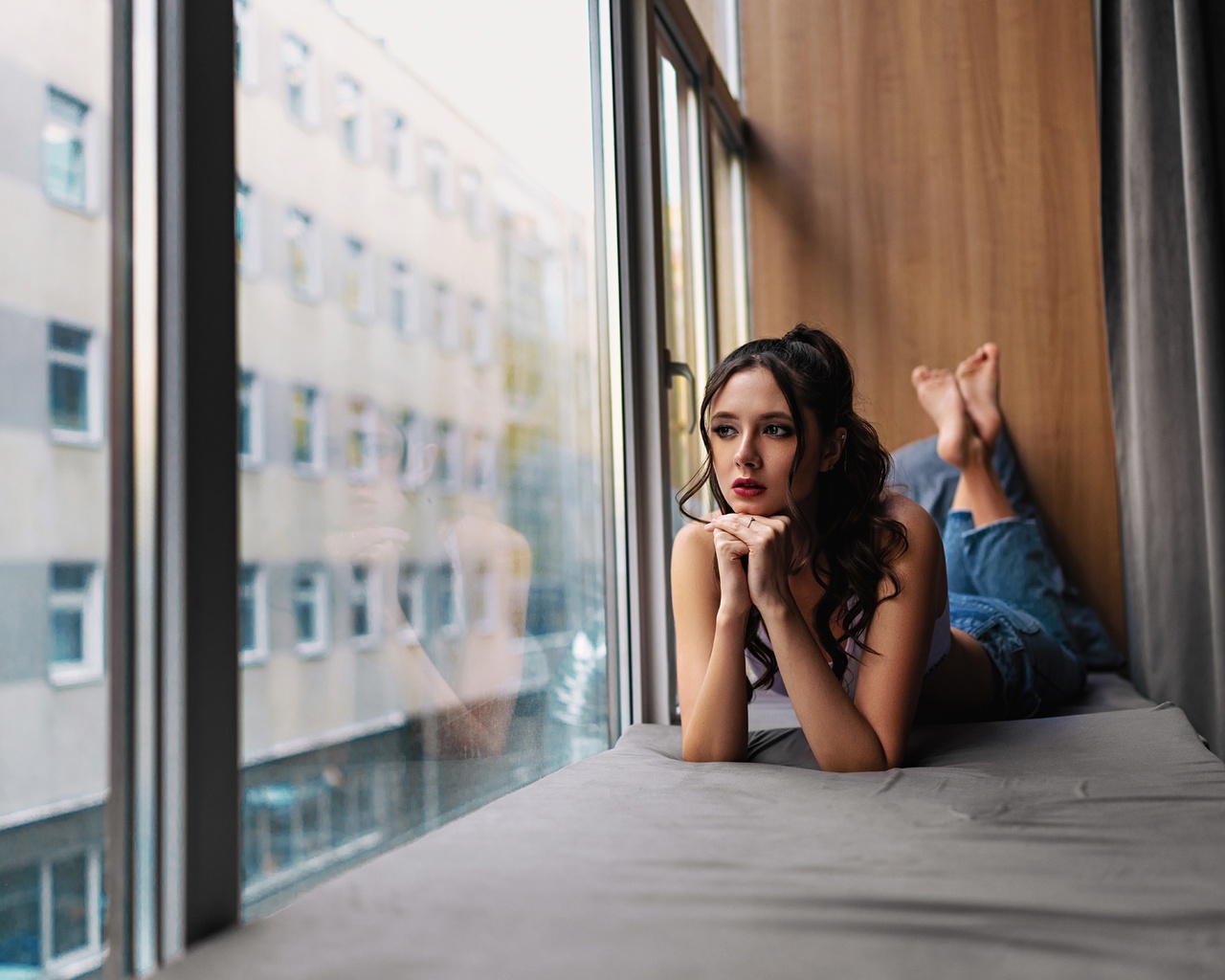 disha shemetova, jeans, by the window, white tops, tattoo, red lipstick, brunette, lying on front, , makeup, women indoors, looking out window, model